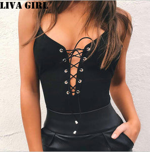 LIVA GIRL Sexy Lace Up Bodysuit Women Summer Backless Deep V Neck Slim Playsuit Bodycon Rompers Womens Jumpsuit Overalls Tops