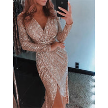 Load image into Gallery viewer, Hot Sale Women Sequin V Neck Wrap Dress 2019 New Long Sleeve Asymmetry Dresses Ladies Bodycon Evening Party Dress Female Vestido