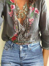Load image into Gallery viewer, New Hot Sale Large Size Boho Women's Floral Embroidery Summer Top Blouses Long Sleeve Beach Loose Blouse Tops Shirts Clothes