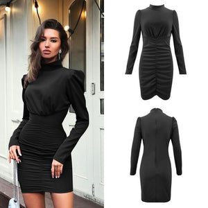 Lossky Women Autumn Winter Turtleneck Mini Dress Elegant Lady Long Sleeve Sexy Short Bodycon Clothing Tight Dress Zipper In Back