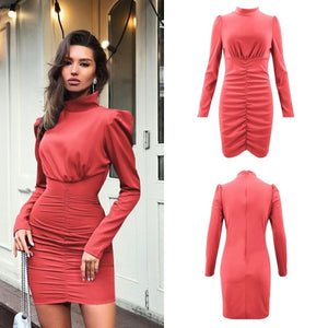 Lossky Women Autumn Winter Turtleneck Mini Dress Elegant Lady Long Sleeve Sexy Short Bodycon Clothing Tight Dress Zipper In Back