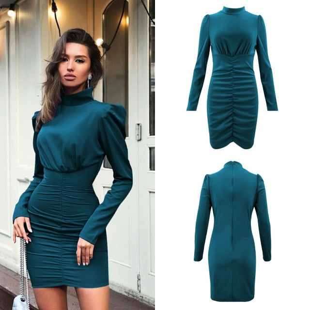 Lossky Women Autumn Winter Turtleneck Mini Dress Elegant Lady Long Sleeve Sexy Short Bodycon Clothing Tight Dress Zipper In Back