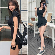 Load image into Gallery viewer, new buttons Summer Dress Black white Short Sleeve mini Dress Women Casual Slim High Elastic Bodycon Sexy Party Dresses Vestidos