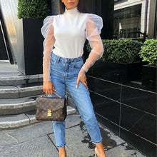 Load image into Gallery viewer, New Fashion Women Girls Mesh Sheer Long Puff Sleeve Blouse Ladies Turtle Neck See Through Top Shirt Blouse White Black Blusas