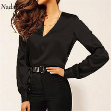 Load image into Gallery viewer, Nadafair Long Sleeve Satin Blouse Women 2019 Party Casual OL  Plus Size Office Elegant Silk Blouse Shirt Ladies Tops