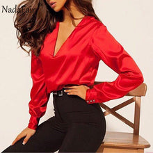Load image into Gallery viewer, Nadafair Long Sleeve Satin Blouse Women 2019 Party Casual OL  Plus Size Office Elegant Silk Blouse Shirt Ladies Tops