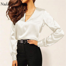 Load image into Gallery viewer, Nadafair Long Sleeve Satin Blouse Women 2019 Party Casual OL  Plus Size Office Elegant Silk Blouse Shirt Ladies Tops