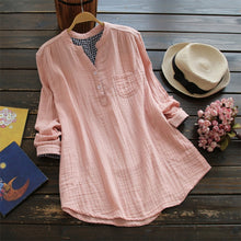 Load image into Gallery viewer, Plus Size ZANZEA Women Cotton Linen Blouse Solid V Neck Long Sleeve Buttons Pockets Autumn Feminina Blusas Summer Loose Shirt