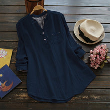 Load image into Gallery viewer, Plus Size ZANZEA Women Cotton Linen Blouse Solid V Neck Long Sleeve Buttons Pockets Autumn Feminina Blusas Summer Loose Shirt
